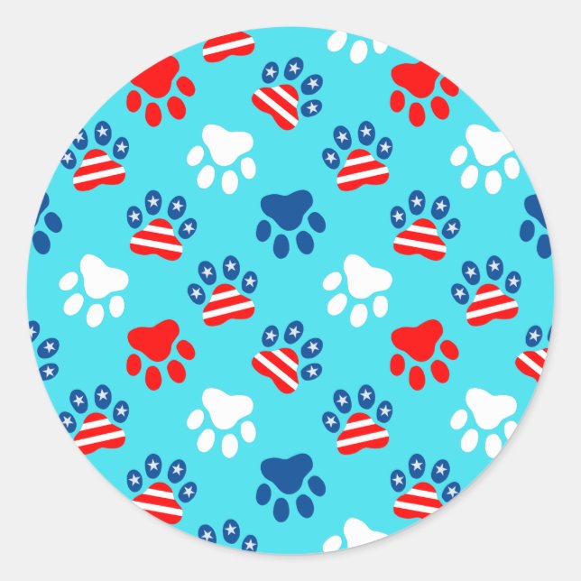 Patriotic Red White and Blue Dog Paws Pattern Classic Round Sticker (Front)