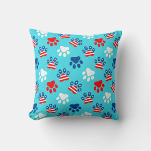 Patriotic Red White and Blue Dog Paws Pattern Cushion