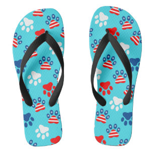 Patriotic Red White and Blue Dog Paws Pattern Thongs