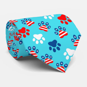 Patriotic Red White and Blue Dog Paws Pattern Tie