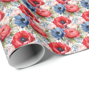 Patriotic Red White and Blue Flowers Wrapping Paper