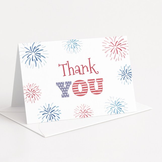 Patriotic Red White and Blue July Birthday  Thank You Card (Red White and Blue fireworks thank you card design with USA flag detail)