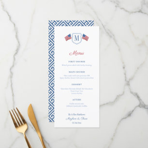Patriotic Red White And Blue Monogram Wedding Menu