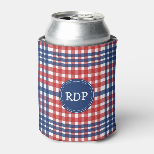 Patriotic Red White and Blue Plaid Custom Can Cooler (Can Front)