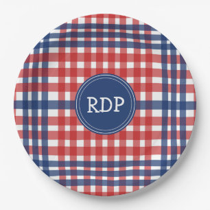 Patriotic Red White and Blue Plaid Custom Paper Plate