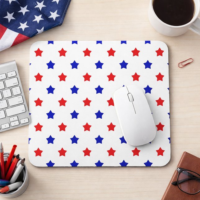 Patriotic Red White and Blue Star Pattern Mouse Pad (A mouse pad with a red and blue star pattern on a white background.)