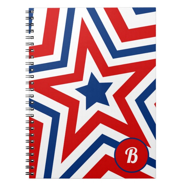 Patriotic Red White and Blue Stars Monogrammmed Notebook (Front)