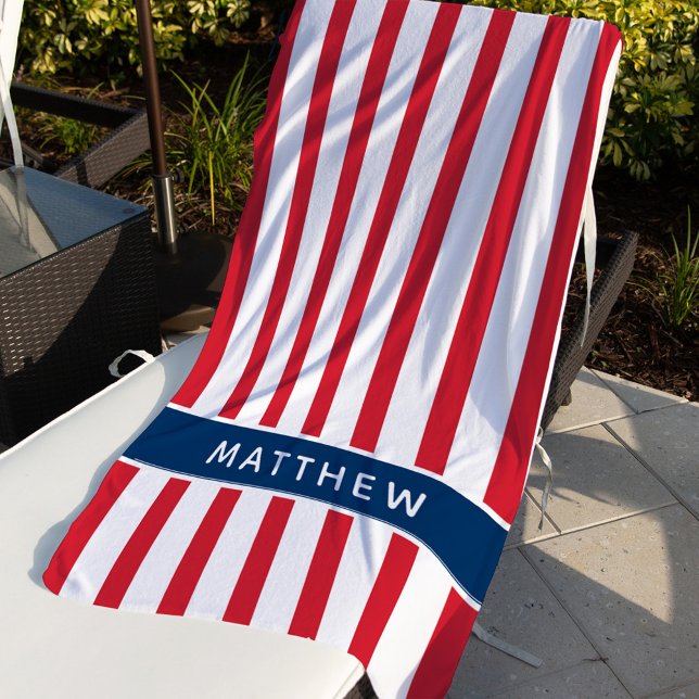 Patriotic Red White and Blue Stripes Custom Name Beach Towel (Creator Uploaded)