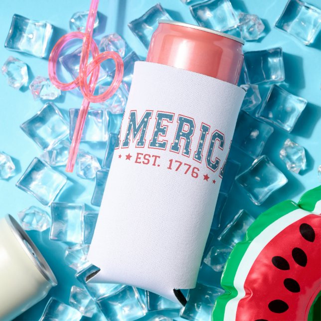 PATRIOTIC RED WHITE BLUE AMERICA EST 1776 SELTZER CAN COOLER (In Situ Summer)