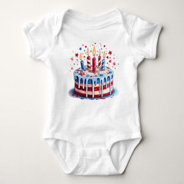 PATRIOTIC RED WHITE BLUE AMERICAN BIRTHDAY CAKE BABY BODYSUIT (Front)