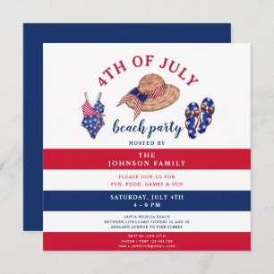 Patriotic Red White & Blue Beach Party 4th Of July Invitation
