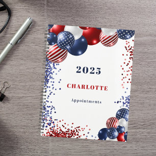 Patriotic red white blue black balloons name 2025 planner