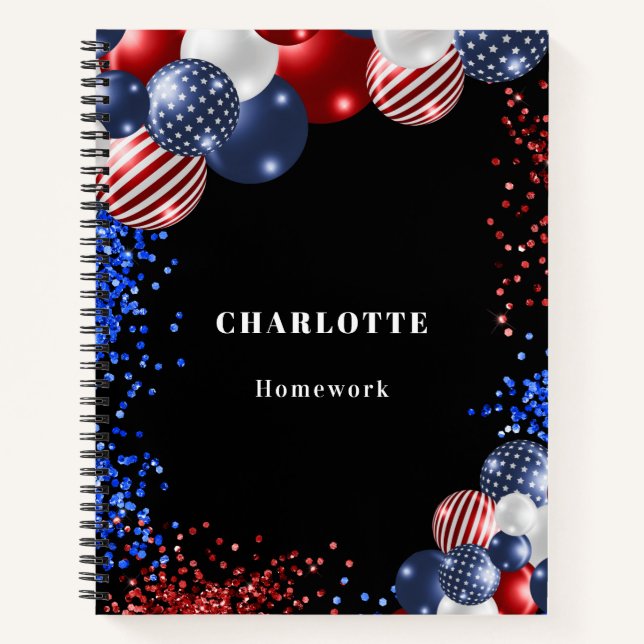 Patriotic red white blue black balloons name notebook (Front)