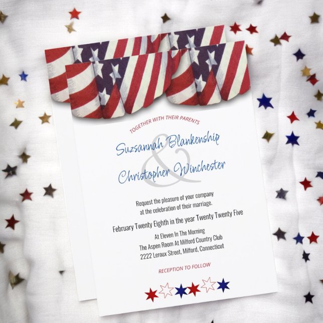 Patriotic Red White Blue Bunting and Stars Invitat Invitation (front and back view of wedding invitation)