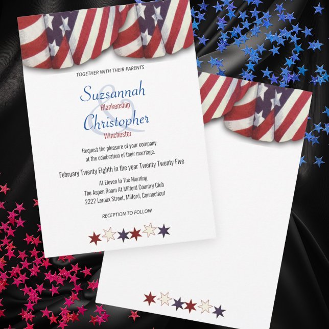 Patriotic Red White Blue Bunting Top Stars Bottom  Invitation (front and back view of patriotic wedding invitation)