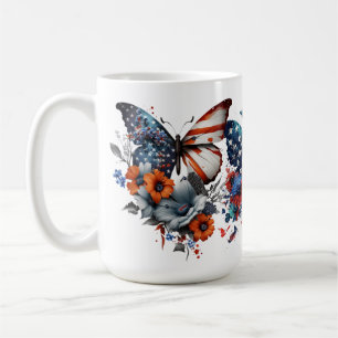PATRIOTIC RED WHITE BLUE BUTTERFLIES FLOWERS COFFEE MUG