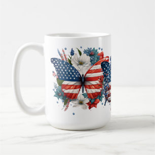 PATRIOTIC RED WHITE BLUE BUTTERFLIES FLOWERS COFFEE MUG