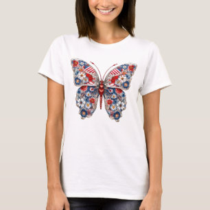 PATRIOTIC RED WHITE BLUE BUTTERFLY AND FLOWERS T-Shirt
