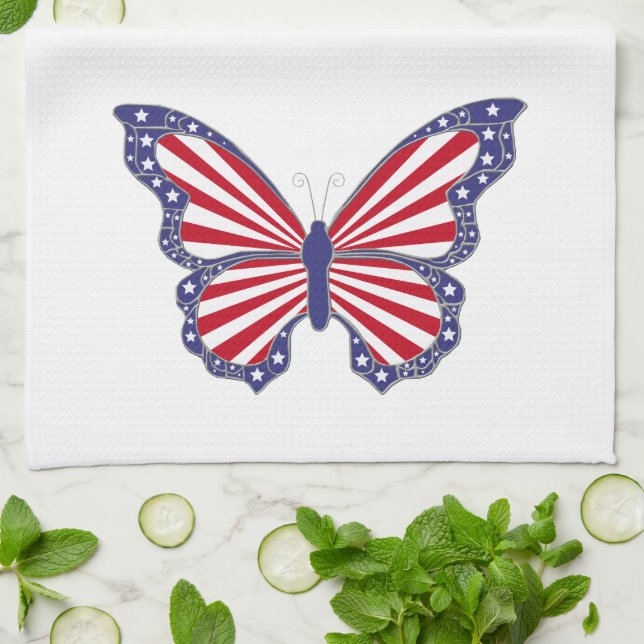 Patriotic Red White & Blue Butterfly Kitchen Towel (Folded)