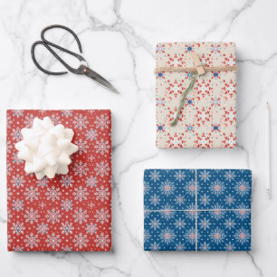 Patriotic Red White Blue Christmas Snowflake Wrap Wrapping Paper Sheet