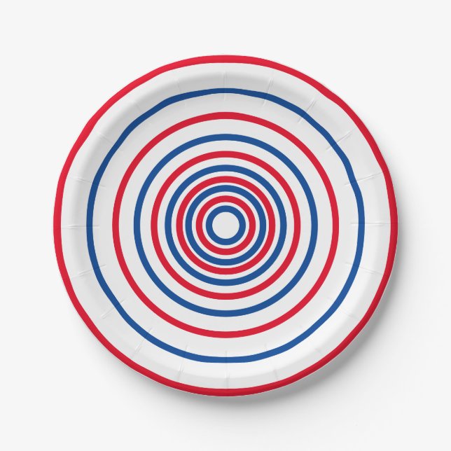 Patriotic red white blue circles stripes holiday paper plate (Front)