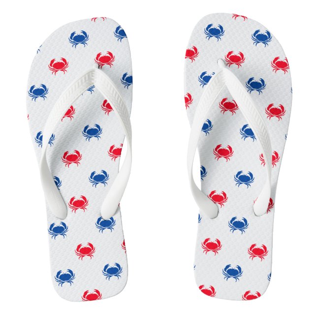 Patriotic red white & blue crab pattern cute fun thongs (Footbed)