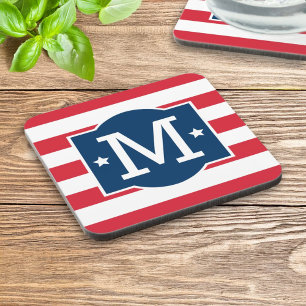 Patriotic Red White Blue Custom Monogram Initial Coaster