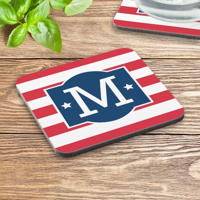 Patriotic Red White Blue Custom Monogram Initial Coaster (Creator Uploaded)