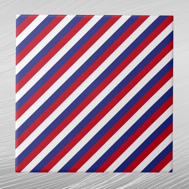 Patriotic Red White Blue Diagonal Stripe Ceramic Tile (Creator Uploaded)