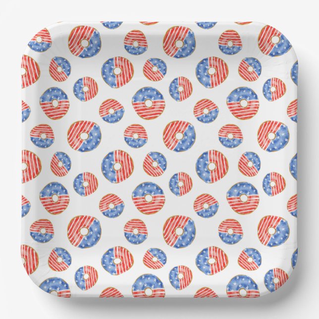 PATRIOTIC RED WHITE BLUE DONUTS PAPER PLATE (Front)