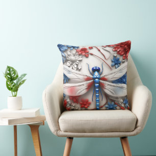PATRIOTIC RED WHITE BLUE DRAGONFLIES & FLOWERS CUSHION