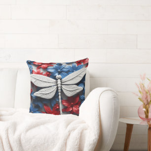 PATRIOTIC RED WHITE BLUE DRAGONFLIES & FLOWERS CUSHION