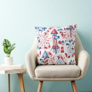 PATRIOTIC RED WHITE BLUE FIREWORKS STREAMERS CUSHION