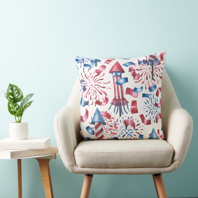 PATRIOTIC RED WHITE BLUE FIREWORKS STREAMERS CUSHION (Chair)