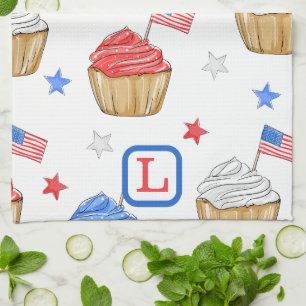 Patriotic Red White Blue Flag Cupcakes Monogram Tea Towel