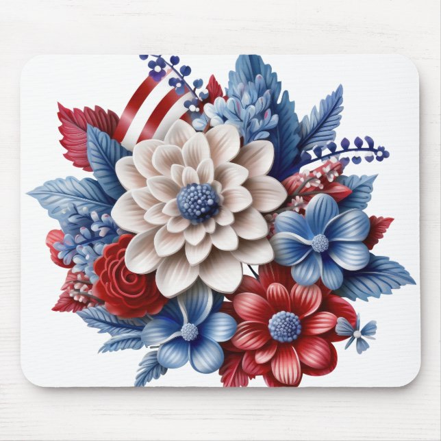 PATRIOTIC RED WHITE BLUE FLORAL BOUQUET MOUSE PAD (Front)