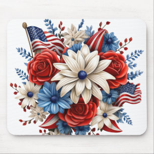 PATRIOTIC RED WHITE BLUE FLORAL BOUQUET MOUSE PAD