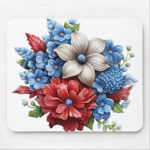 PATRIOTIC RED WHITE BLUE FLORAL BOUQUET MOUSE PAD
