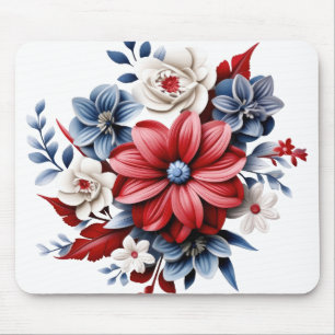 PATRIOTIC RED WHITE BLUE FLORAL BOUQUET MOUSE PAD