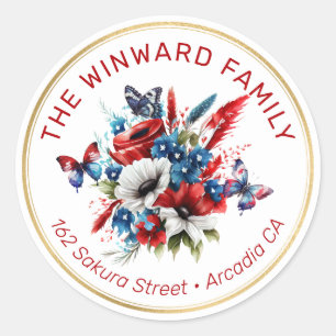 Patriotic Red White Blue Flowers & Butterflies Classic Round Sticker