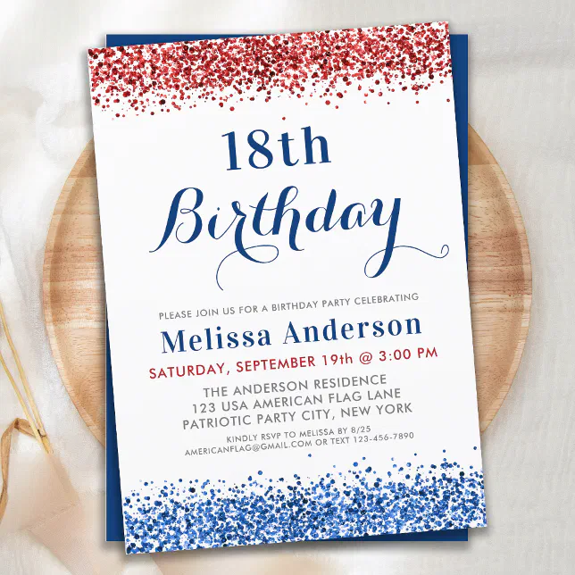 Patriotic Red White Blue Glitter Birthday Party Invitation | Zazzle