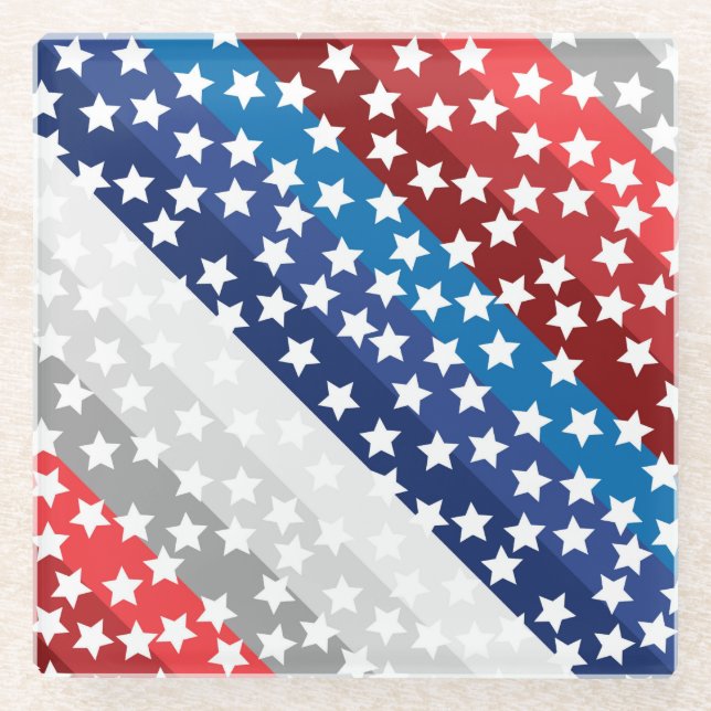 PATRIOTIC RED  WHITE BLUE GRAY STARS GLASS COASTER (Front)