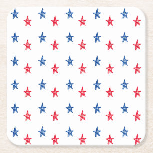 Patriotic red white blue hand drawn stars cute square paper coaster