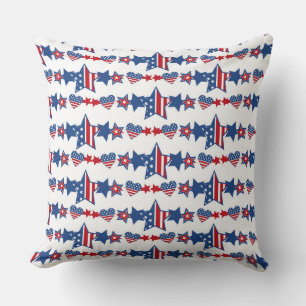 PATRIOTIC RED WHITE BLUE HEARTS & STARS CUSHION