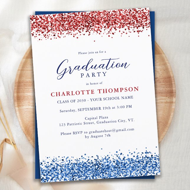 Patriotic Red White Blue Modern Glitter Graduation Invitation (Creator Uploaded)