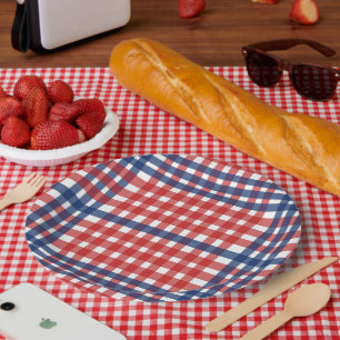 Patriotic Red White Blue Plaid Americana Party Art Paper Plate