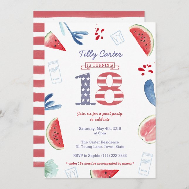 Patriotic Red White Blue  Pool Party 18th Birthday Invitation (Front/Back)