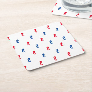 Patriotic red white blue seahorse pattern square paper coaster
