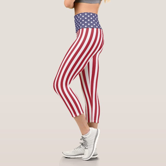 Patriotic Red White Blue Stars And Stripes Flag Capri Leggings (Left)