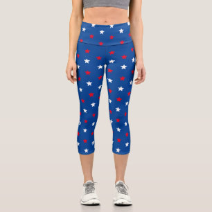 Patriotic red white blue stars pattern modern fun capri leggings